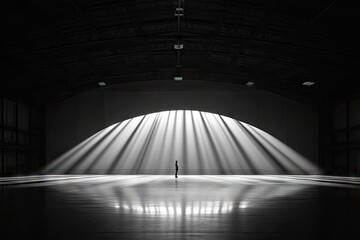 Solitary figure in vast, light-filled industrial space. Dark tones highlight the brightness of a window