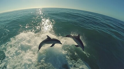 Dolphins playfully jumping over waves in the clear ocean waters under a bright sky