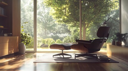 Fototapeta premium A modern side return extension bathed in natural light, with floor-to-ceiling windows revealing a picturesque view of the outdoors, blending architectural sophistication with nature 