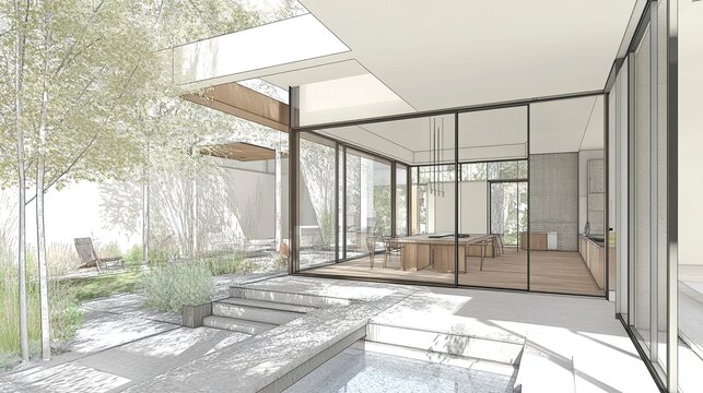 A modern side return extension bathed in natural light, with floor-to-ceiling windows revealing a picturesque view of the outdoors, blending architectural sophistication with nature 