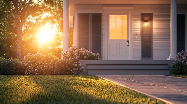 A neat, modern house with a front porch, an eye-catching door, and a paved yard, featuring clean lines and shutters, with ample neutral background for copyspace to include text or branding 