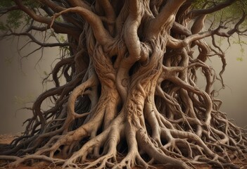 Intricate root system, tangled and knotted, rich earth tones, soil, woodland