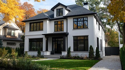 A newly constructed detached home with sleek white walls, black-framed windows, and a spacious front yard, combining modern aesthetics with a warm and welcoming atmosphere 