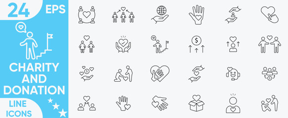 Charity and Donation icons set.Help, care, cooperation, hearts, Simple, blood collection, money charity, volunteer, donated, assistance, sharing and more.Vector and illustrator set.
