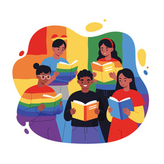 Diverse group of young people reading books together with rainbow background illustration for inclusivity and education 