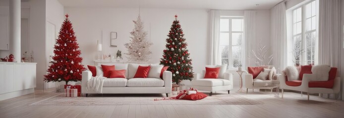 Sleek white living room with subtly decorated red & white Christmas tree , ball, christmas, white