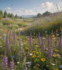 Dense border of blooming wildflowers, buzzing bees, butterflies ,  butterfly,  colorful,  pollen