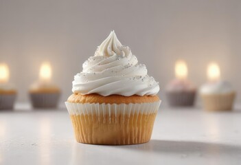 Single perfectly frosted birthday cupcake on a white table , white,  deliciousness, birthday