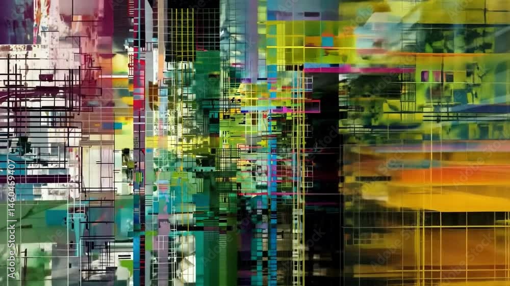 Poster vibrant abstract composition of geometric shapes and colors, creating depth and movement, evoking en
