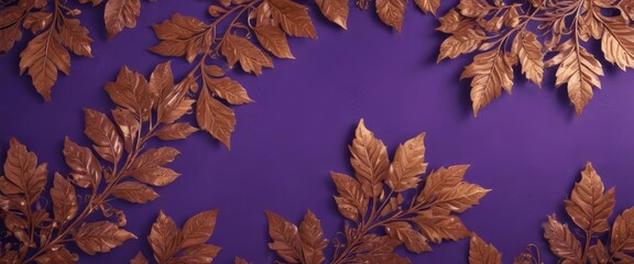 Oxidized copper leaf design on deep violet  Intricate, fall-themed backdrop , decorative, foliage, art