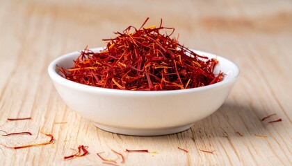 Fototapeta premium Aromatic Saffron Spice in White Bowl on Wooden Table High quality image of culinary ingredient