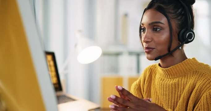 Call center, indian woman and computer with headset for talking, crm questions or customer service. Office, business female person and consultant at help desk for support, discussion or inbound sales