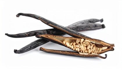 High quality image of vanilla beans split open revealing seeds Gourmet food ingredient