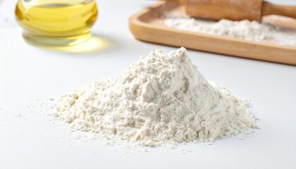 Baking Ingredients A Pile of White Flour Ready for Baking with Oil and Rolling Pin