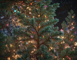 Frosty pine boughs interwoven with colorful Christmas lights ,  pine tree,  bright