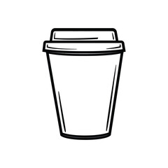 Coffee cup disposable container with lid in black outline over transparent background