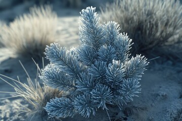 Frost-covered pine needles in a winter landscape, serene and beautiful.