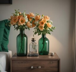 Chic nightstand with bottle vase, fresh blooms, emerald green bedding ,  flowers,  home