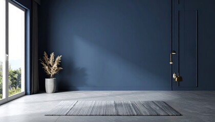 Modern dark blue home interior background wall mock up d render 