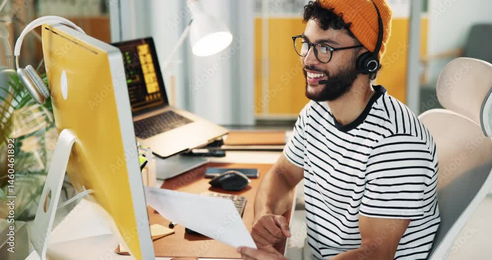 Poster call center, businessman and computer with document for talking, crm questions and customer service.