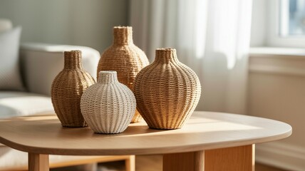 Woven vases rest on a light wood coffee table, blending natural texture with minimalist elegance