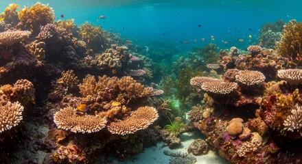 Naklejka premium Vibrant coral reef ecosystem in sunlit shallows.