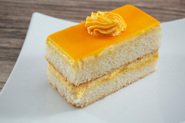 A view of a mango cake slice.
