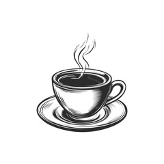 Obraz premium Engraved Style Cup of Coffee with Vapor on Saucer, Transparent Background