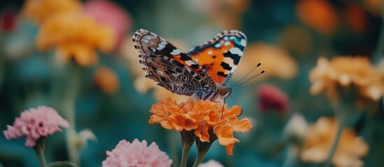 Painted Lady butterfly resting on vivid blossoms in a tranquil garden scene