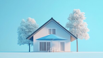 A detailed 3D model of a house with clean lines and a pitched roof, positioned under a large blue umbrella, symbolizing renters home insurance and mortgage protection 