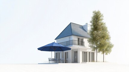 A detailed 3D model of a house with clean lines and a pitched roof, positioned under a large blue umbrella, symbolizing renters home insurance and mortgage protection 