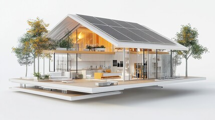 A detailed diagram of a house with solar panels on the roof and solar-powered devices like a battery storage system and energy-efficient appliances, set on a white background 