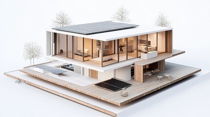 A detailed diagram of a house with solar panels on the roof and solar-powered devices like a battery storage system and energy-efficient appliances, set on a white background 
