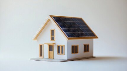 A detailed miniature house model with a sleek solar panel on the roof, set against a white background, symbolizing smart home energy-saving technology 