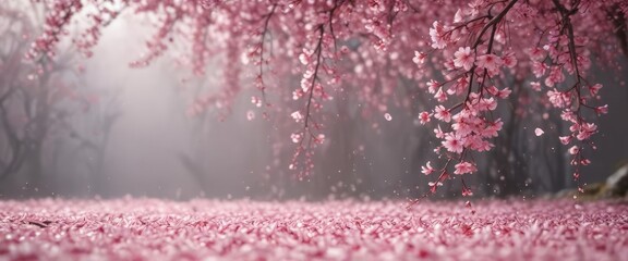 Mesmerizing cascade of pink sakura petals against a soft, blurred background ,  movement,  image,  dreamy
