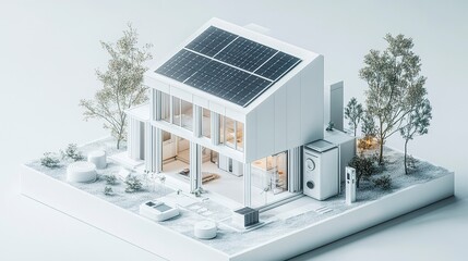 A detailed diagram of a house with solar panels on the roof and solar-powered devices like a battery storage system and energy-efficient appliances, set on a white background  