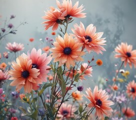 Exploding watercolor flowers, rich hues, natural beauty, texture, floral