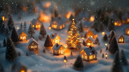 A detailed snowy winter landscape featuring a paper-cut model of a Christmas village, with tiny houses, glowing windows, and a brightly lit tree surrounded by gentle snowfall under a quiet night sky 