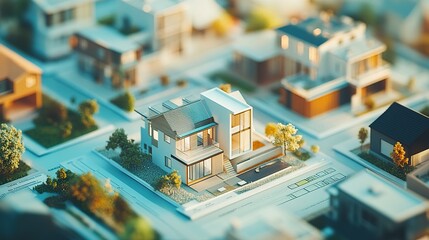 A dynamic layout of miniature house models placed across financial spreadsheets, their arrangement representing various aspects of property valuation and real estate market fluctuations 