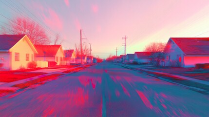 A distorted suburban row with identical houses, mismatched colors, and skewed orientations, creating a jarring and surreal visual representation of detachment from reality 