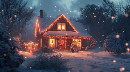 A festive home with vibrant Christmas lights covering the facade and a snowy roof, the snowfall creating a magical glow, highlighting the joy of the season 