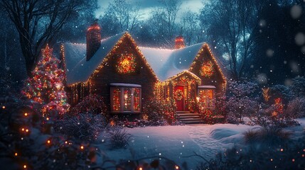 A festive home with vibrant Christmas lights covering the facade and a snowy roof, the snowfall creating a magical glow, highlighting the joy of the season 
