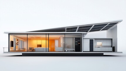 A graphical cross-section of a home equipped with solar panels, an inverter, and solar-powered lights, visually demonstrating sustainable energy use, set against a white background