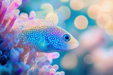 Vibrant, iridescent fish swims near colorful coral in a dazzling underwater scene.