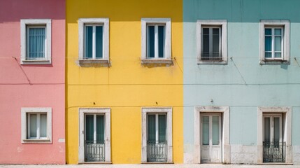 Fototapeta premium Pastel facade with simple details, a clean urban backdrop. Minimalist charm in soft daylight. 
