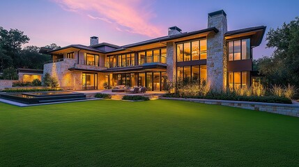Obraz premium A luxurious residence with a bold yet minimalist exterior, surrounded by a vibrant lawn and ambient dusk lighting that accentuates its architectural sophistication 