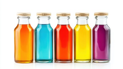 Vibrant glass bottle set featuring liquids in rainbow colors, isolated on white background