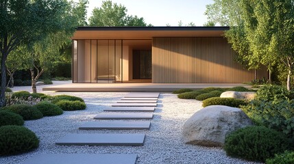 A minimalist Japanese one-story detached house with clean wooden panels, sliding doors, and a small gravel pathway leading to the entrance, surrounded by a neatly landscaped garden 