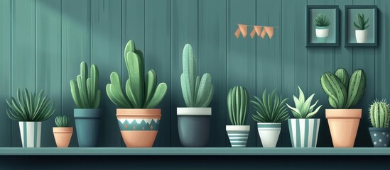 Stylized cactus and succulents collection in pots on a teal wooden shelf backdrop