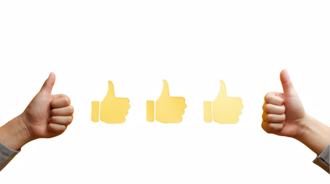 Positive feedback concept thumbs up yellow icons hands approval web like on transparent background